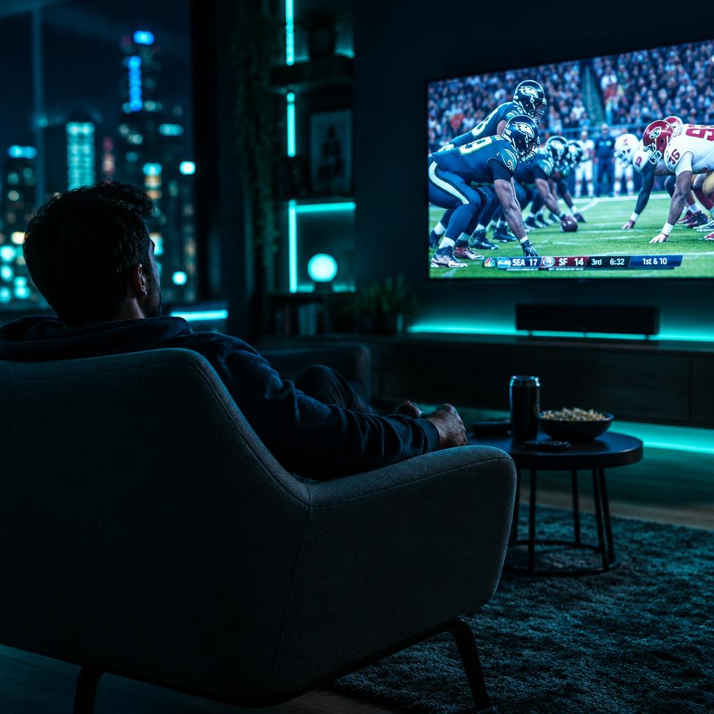 Viewer watching a live NFL game on TV with Helix IPTV